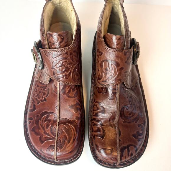 Alegria Caiti Loretta Stamped Brown Leather Booties Ankle Boots Sz 9 - Picture 5 of 12